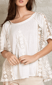POL Short Sleeve Lace Sides Pullover Top in Ivory FKT1009 - Robin Boutique-Boutique 