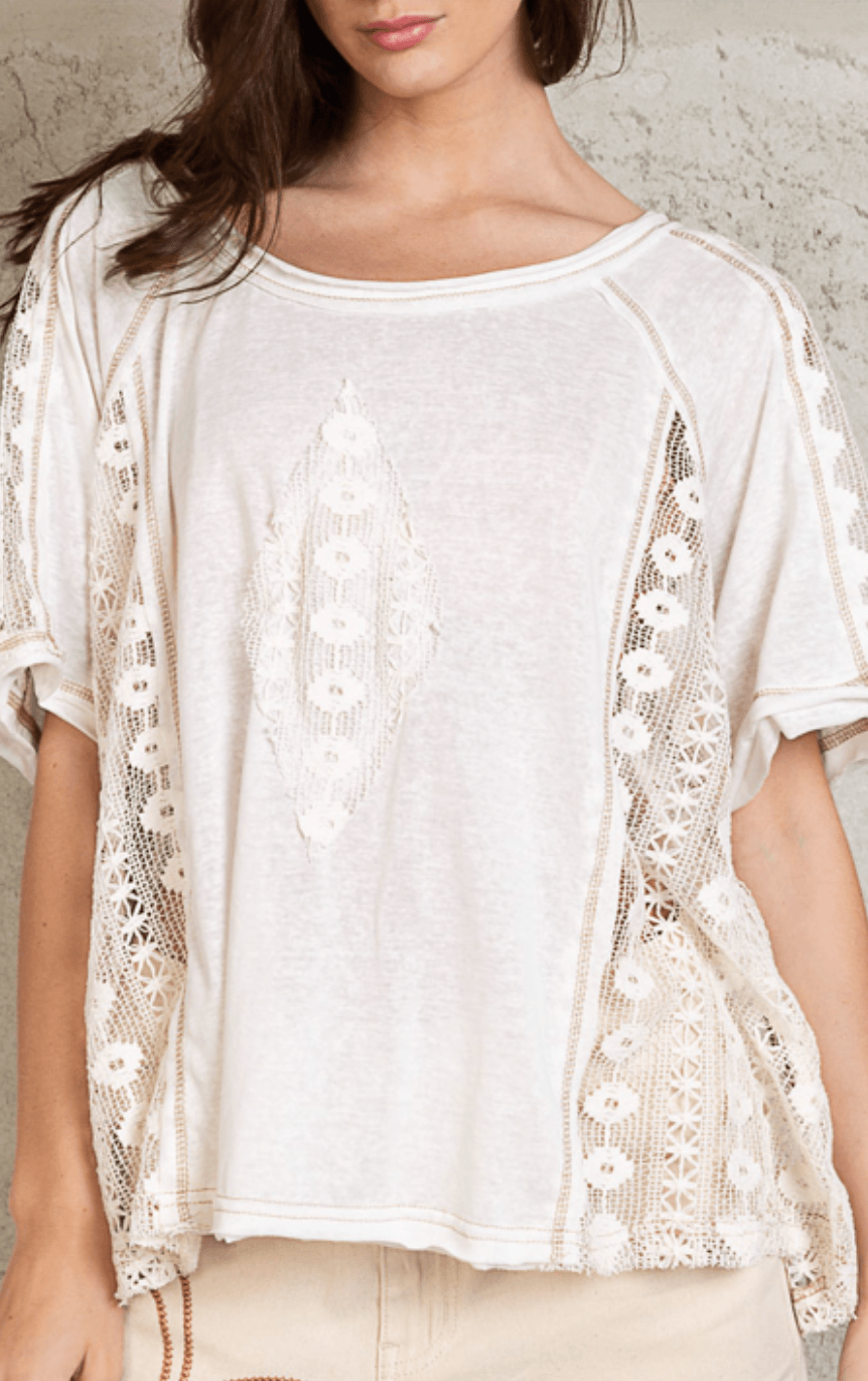 POL Short Sleeve Lace Sides Pullover Top in Ivory FKT1009 - Robin Boutique-Boutique 