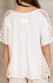 POL Short Sleeve Lace Sides Pullover Top in Ivory FKT1009 - Robin Boutique-Boutique 