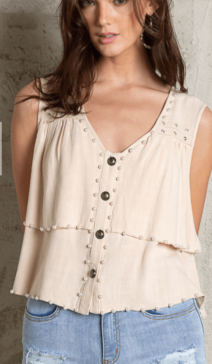 POL Sleeveless pearl and grommet soft layered top FWT413A - Robin Boutique-Boutique 