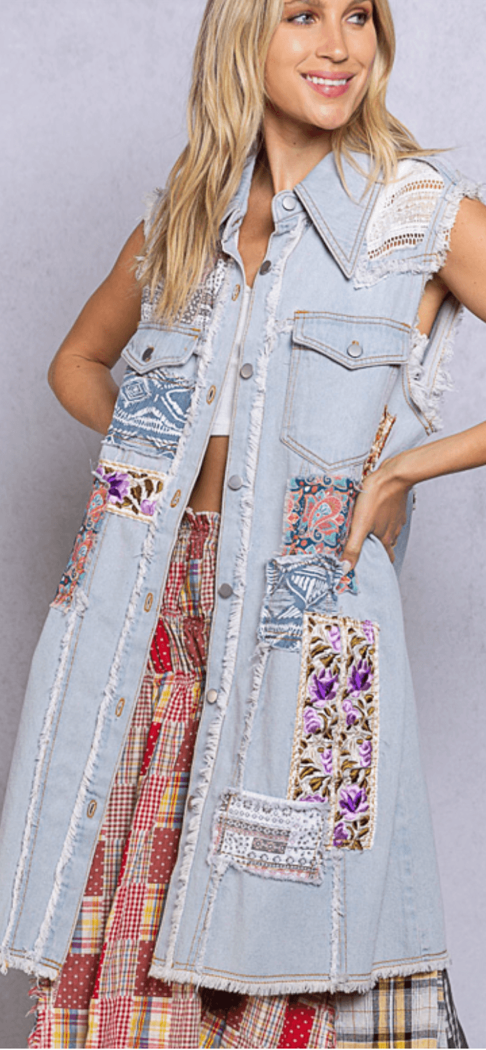 POL Blue Denim Patchwork Long Vest GWD18 - Robin Boutique-Boutique 