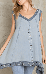 Sleeveless Double V-Neck Oversized Cotton Top with Stones YKT863 - Robin Boutique-Boutique 