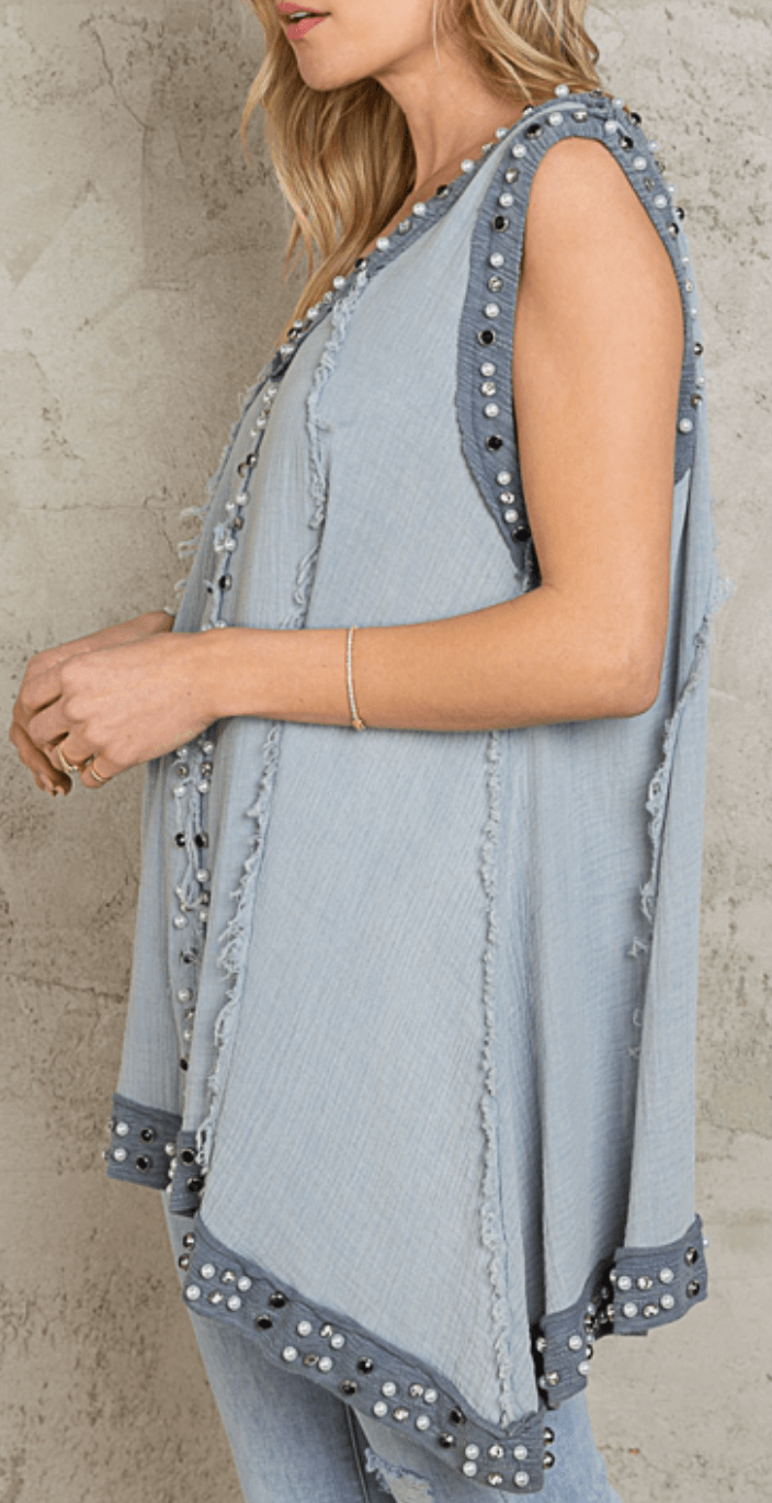 Sleeveless Double V-Neck Oversized Cotton Top with Stones YKT863 - Robin Boutique-Boutique 