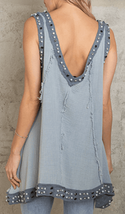 Sleeveless Double V-Neck Oversized Cotton Top with Stones YKT863 - Robin Boutique-Boutique 