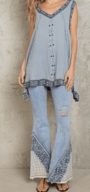 Sleeveless Double V-Neck Oversized Cotton Top with Stones YKT863 - Robin Boutique-Boutique 