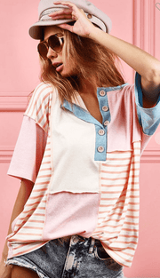 BiBi Color Stitch Henley Top with Contrast Stitiching BT2836-02 - Robin Boutique-Boutique 