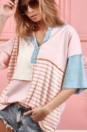 BiBi Color Stitch Henley Top with Contrast Stitiching BT2836-02 - Robin Boutique-Boutique 