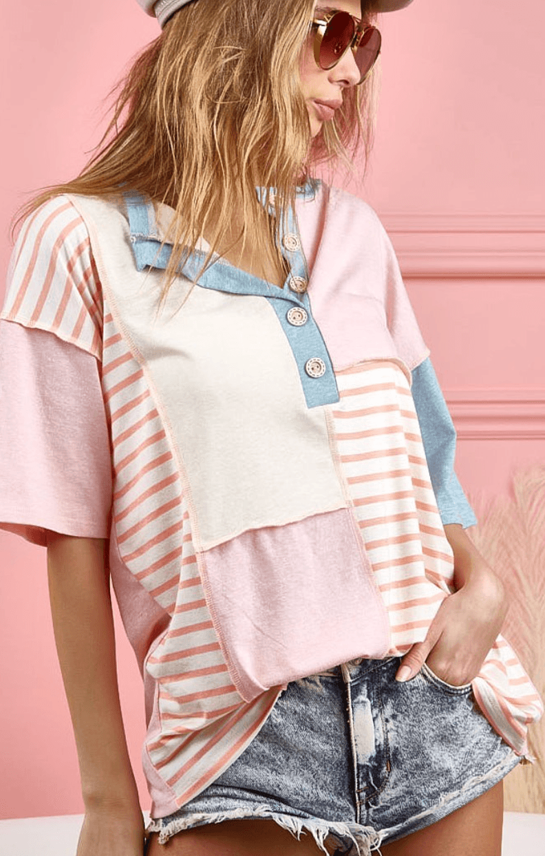 BiBi Color Stitch Henley Top with Contrast Stitiching BT2836-02 - Robin Boutique-Boutique 