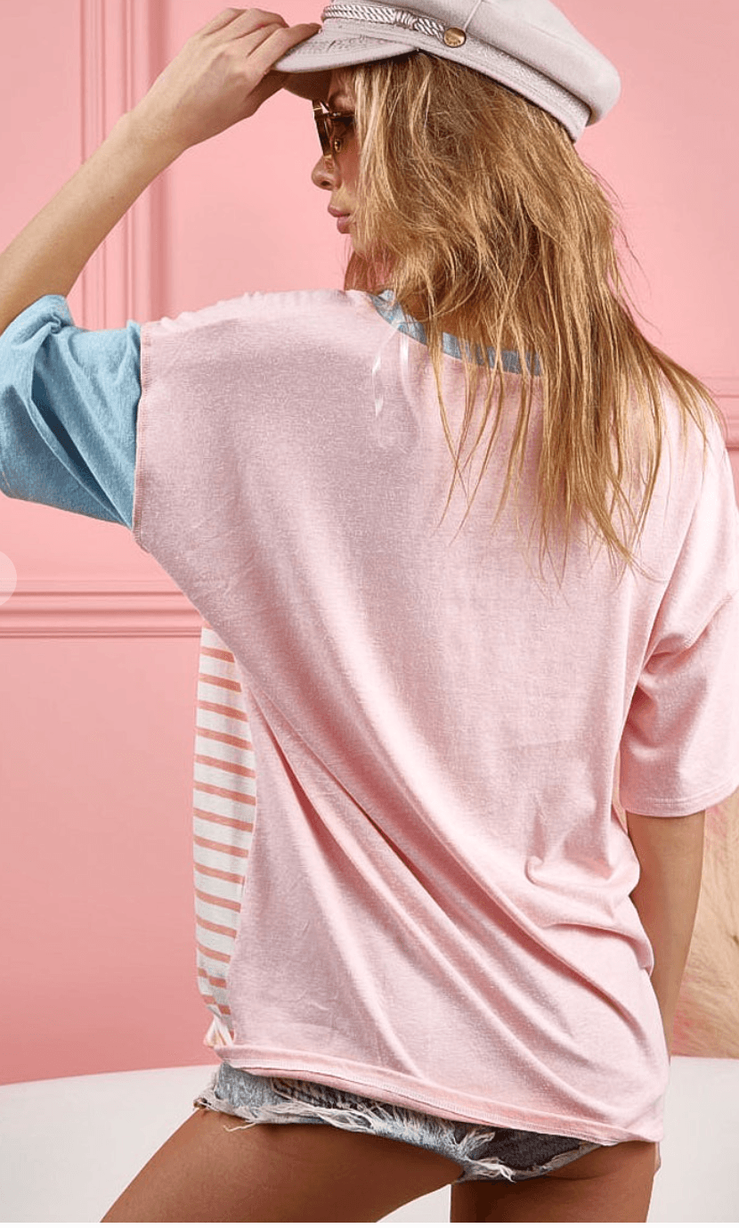 BiBi Color Stitch Henley Top with Contrast Stitiching BT2836-02 - Robin Boutique-Boutique 