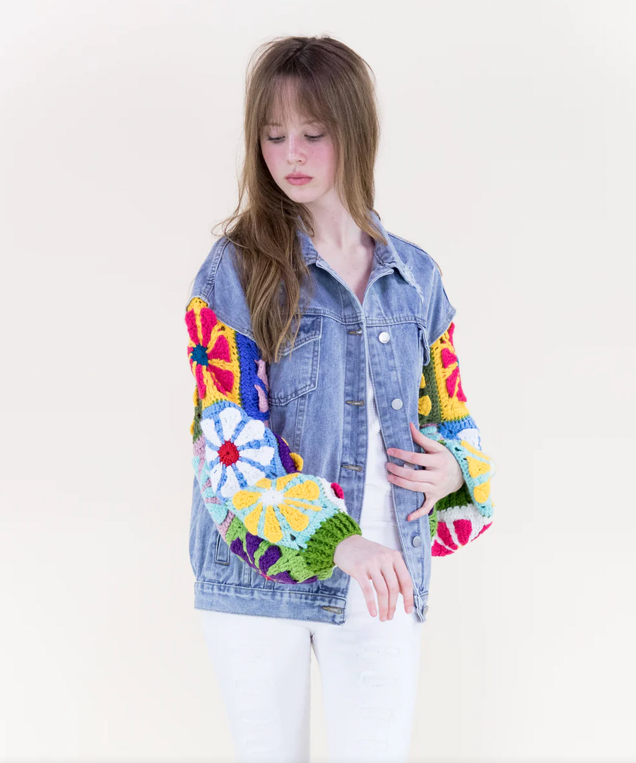 Boho Handmade Crochet Sleeves Denim Jacket Robin Boutique