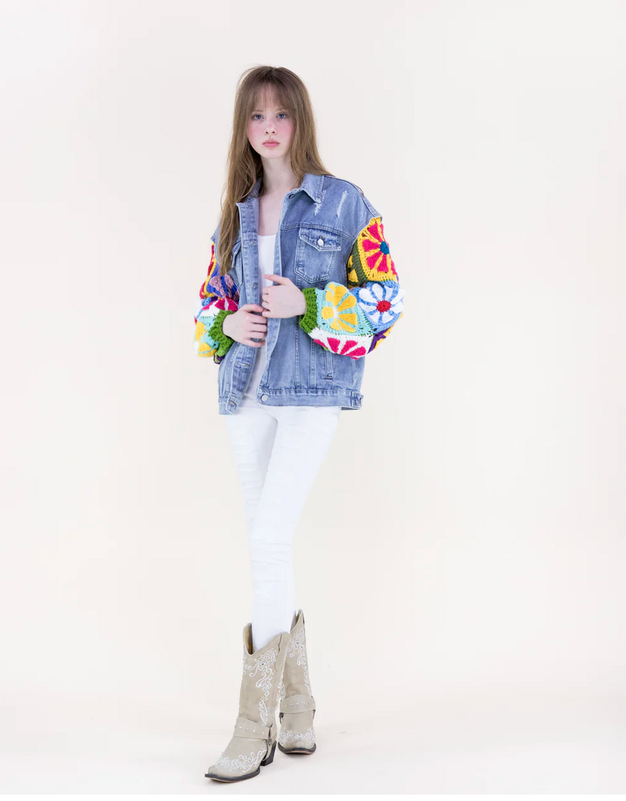 Boho Handmade Crochet Sleeves Denim Jacket Robin Boutique