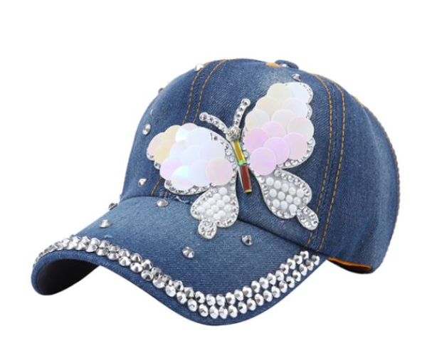 Butterfly Denim Rhinestone Cap