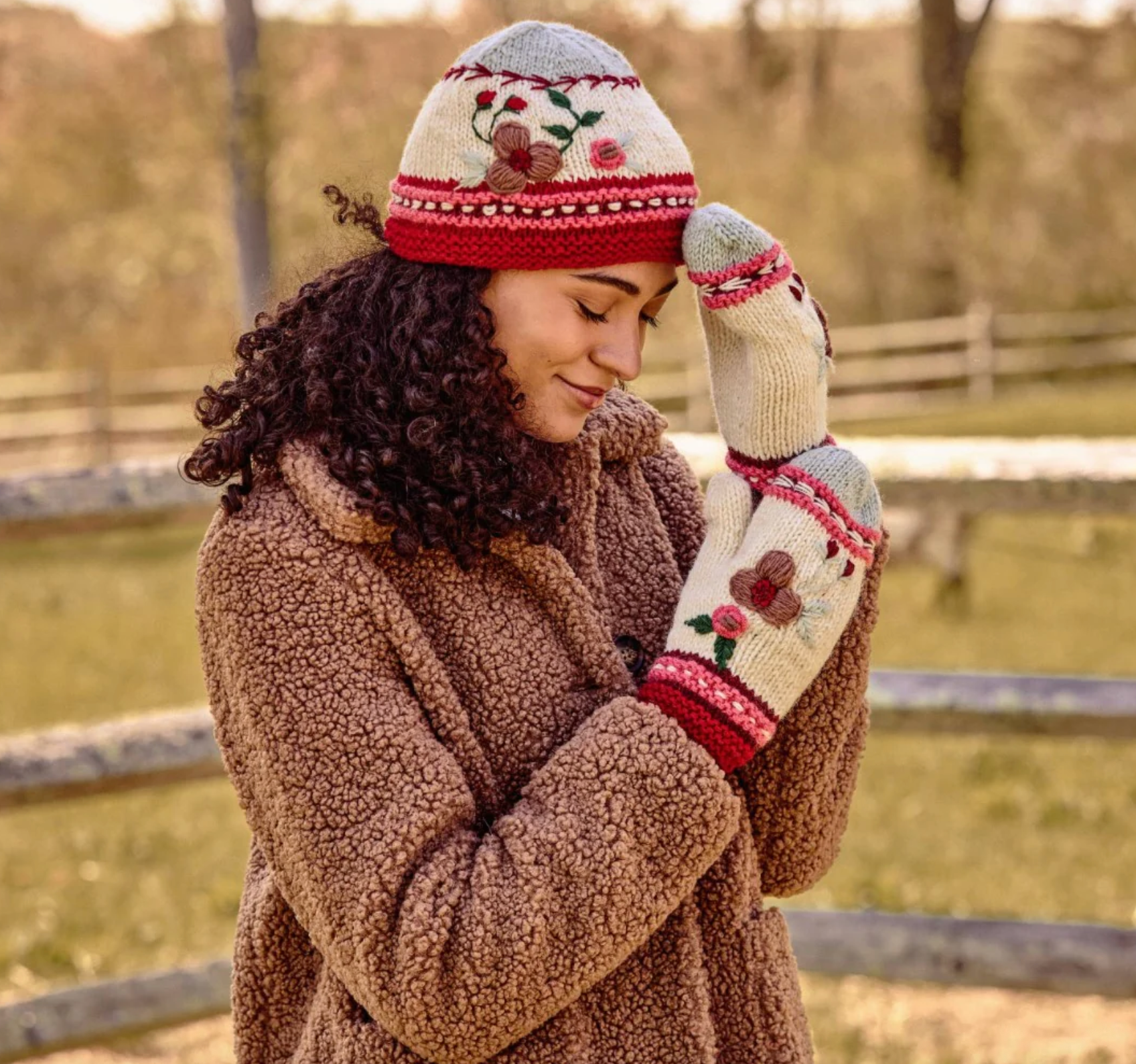 Hygge Holiday Color Block Knit Beanie Hat, Mittens and Fingerless Armwarmers By Many Hands Robin Boutique