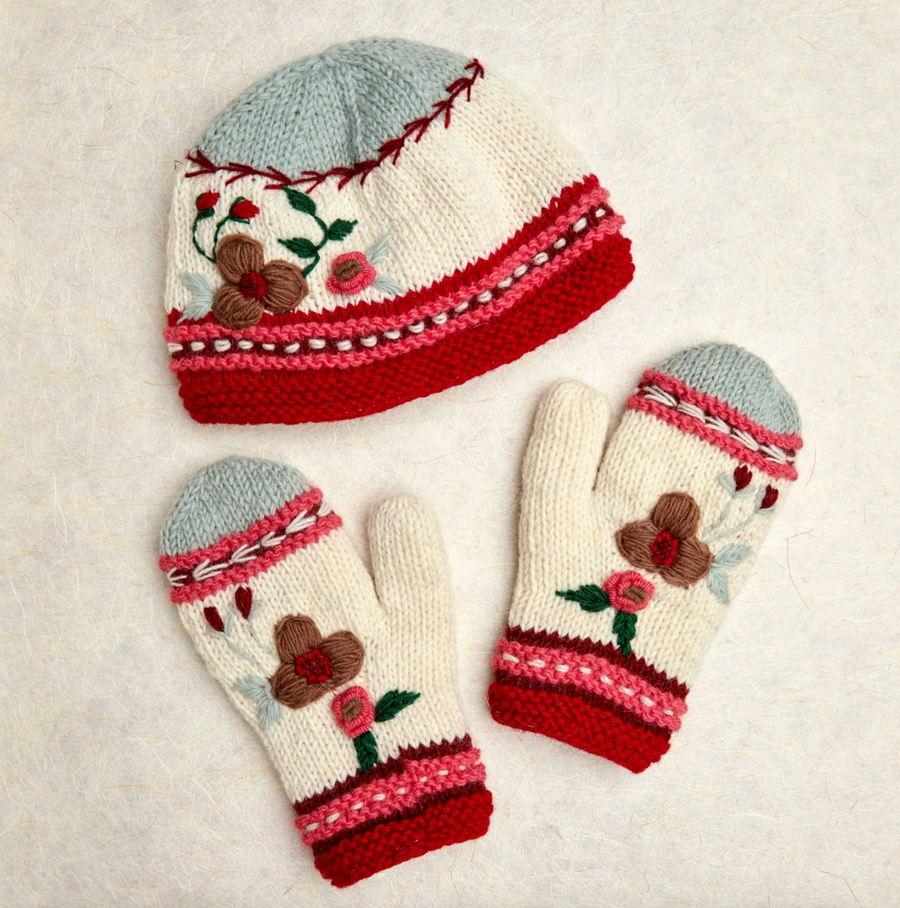 Hygge Holiday Color Block Knit Beanie Hat, Mittens and Fingerless Armwarmers By Many Hands Robin Boutique