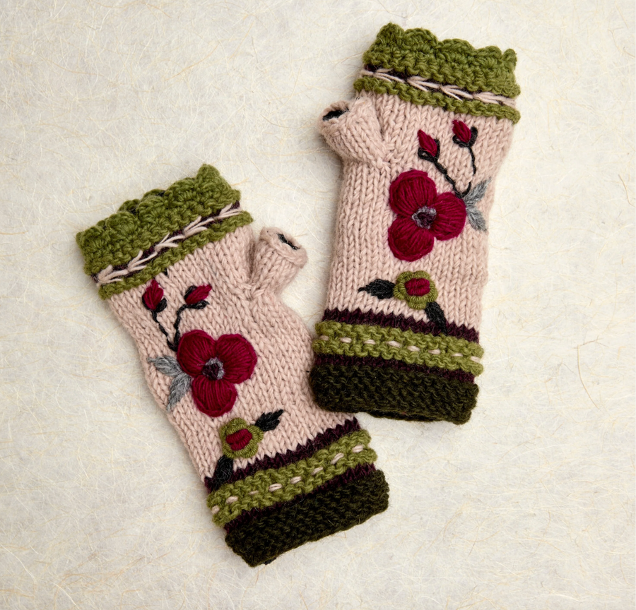 Dark Forest Color Block Knit Beanie Hat, Mittens and Fingerless Armwarmers By Many Hands Robin Boutique