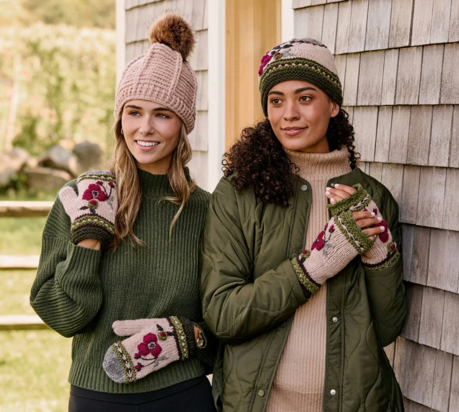 Dark Forest Color Block Knit Beanie Hat, Mittens and Fingerless Armwarmers By Many Hands Robin Boutique