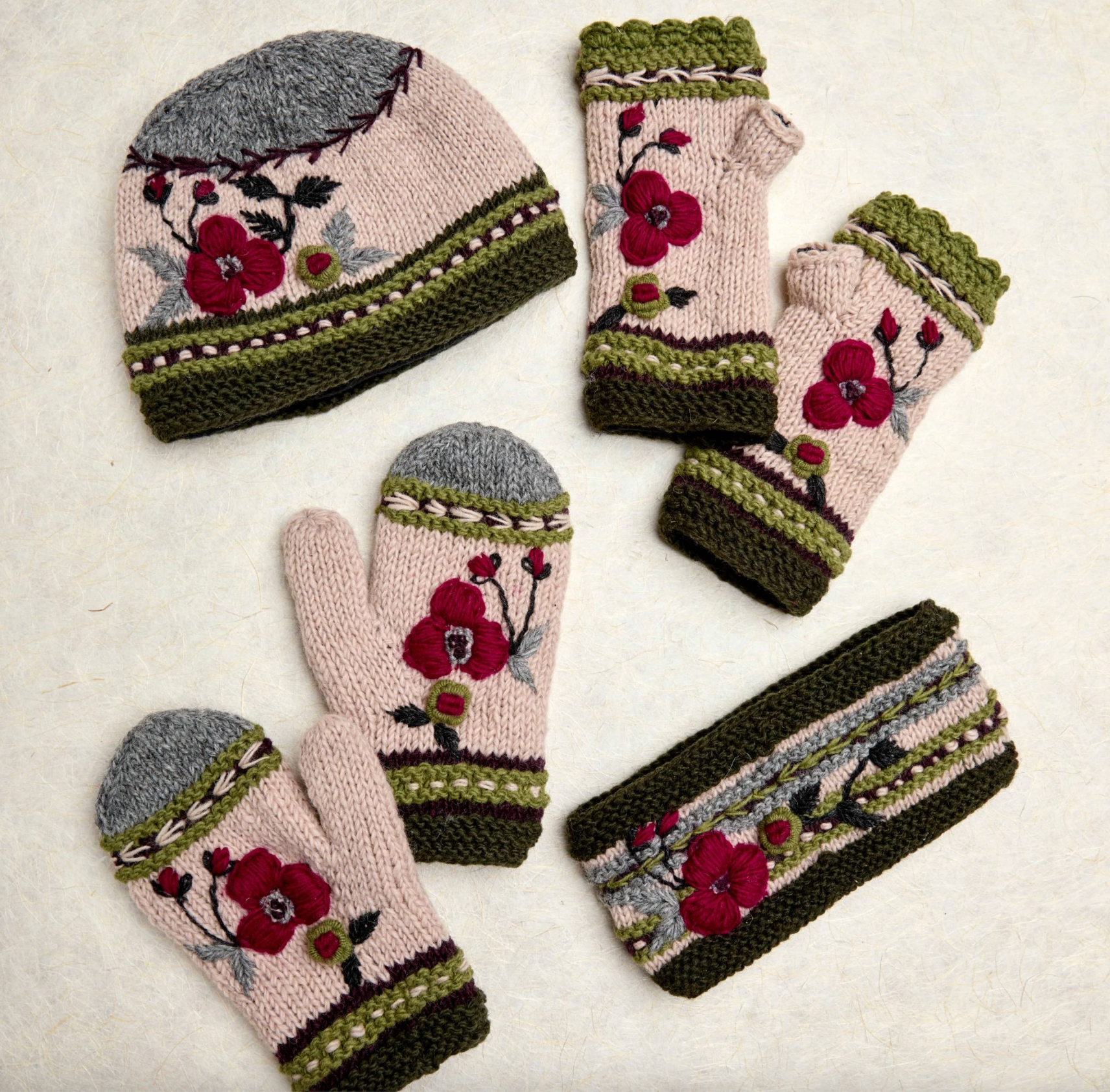 Dark Forest Color Block Knit Beanie Hat, Mittens and Fingerless Armwarmers By Many Hands Robin Boutique