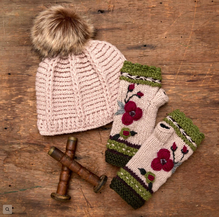 Dark Forest Color Block Knit Beanie Hat, Mittens and Fingerless Armwarmers By Many Hands Robin Boutique