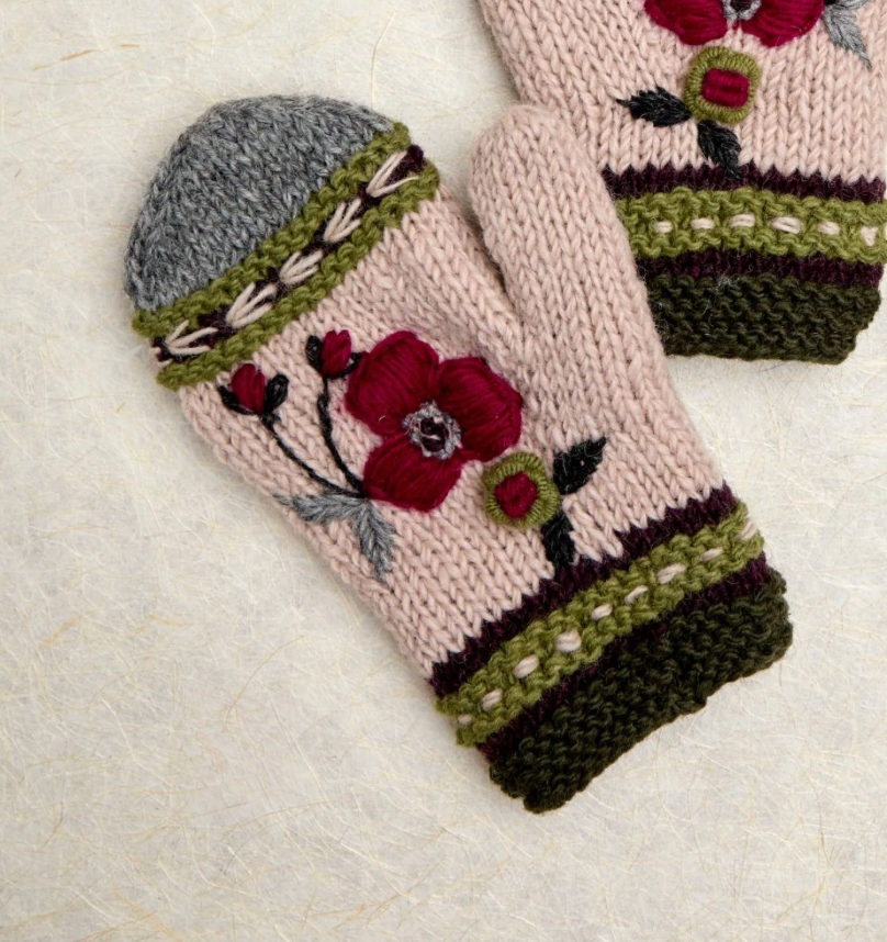 Dark Forest Color Block Knit Beanie Hat, Mittens and Fingerless Armwarmers By Many Hands Robin Boutique