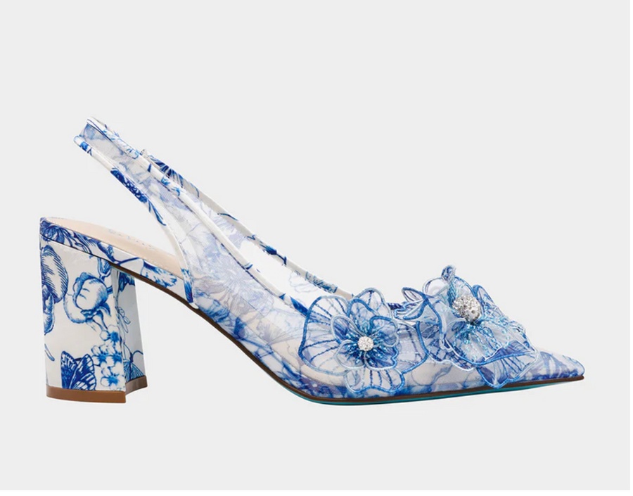 Petra Toile White Blue Heels by Betsey Johnson Robin Boutique