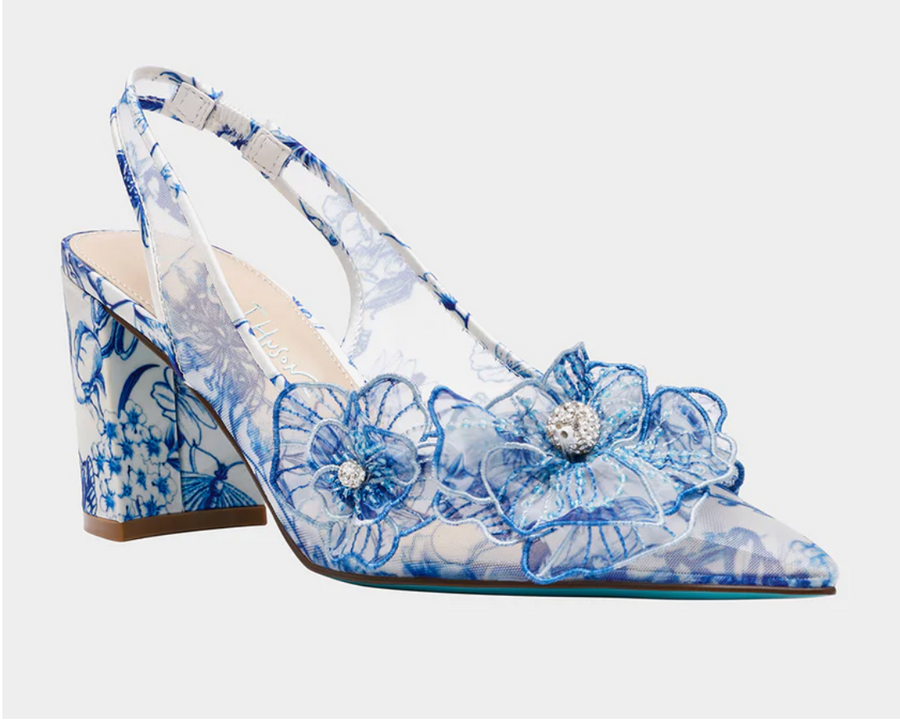 Petra Toile White Blue Heels by Betsey Johnson Robin Boutique