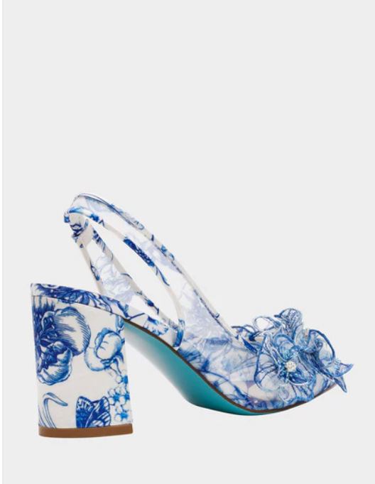 Petra Toile White Blue Heels by Betsey Johnson Robin Boutique