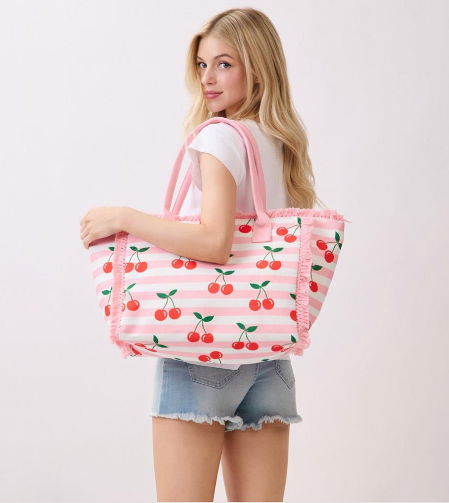 Boho Cherry Stripe Fringe Tote Bag Robin Boutique