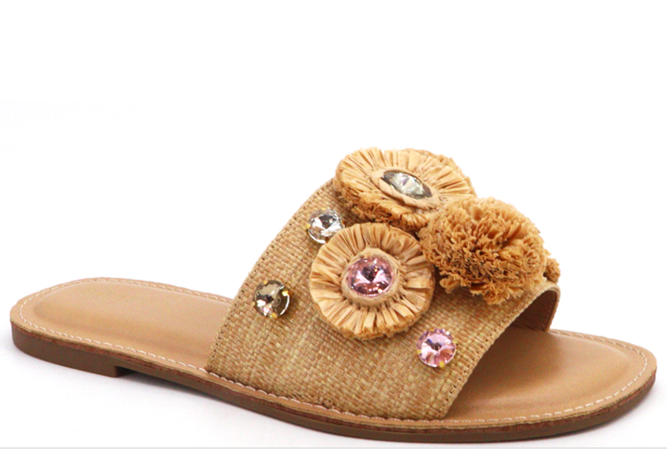 Raffia Embellished Sandal Slide Flats Robin Boutique