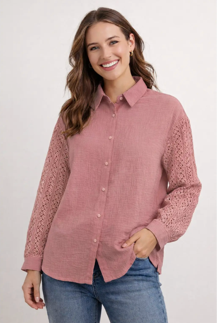 Cotton Gauze Button Front Crochet Sleeve Top Robin Boutique
