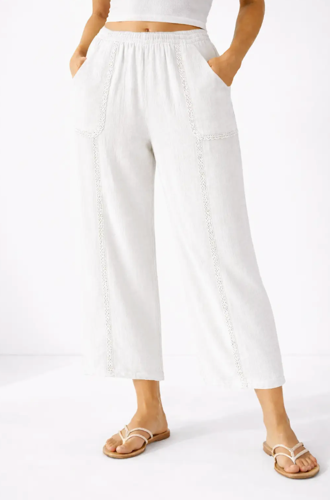 Cotton Gauze Cropped Wide Leg Pant with Crochet Lace Trim Robin Boutique