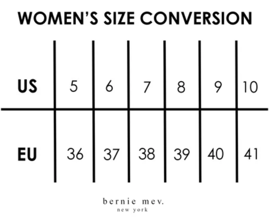 Bernie Mev Catwalk Shoes in Pewter Sizing Chart - Robin Boutique