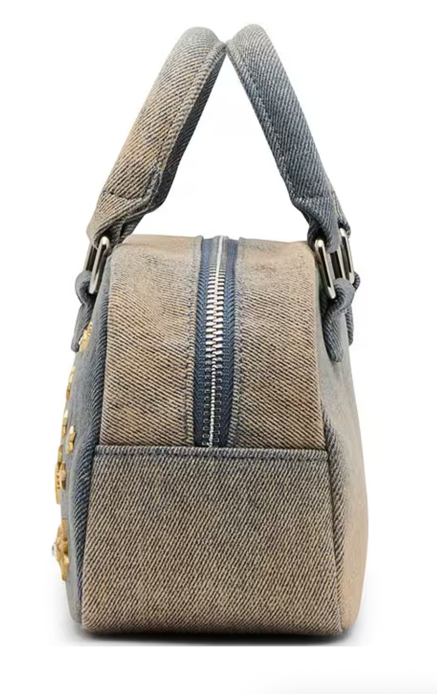 Celestial Mini Dome Denim Studded Novelty Satchel Bag side  view - Robin Boutique