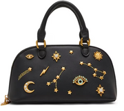 Celestial Mini Dome Denim Studded Novelty Satchel Bag front view in black - Robin Boutique