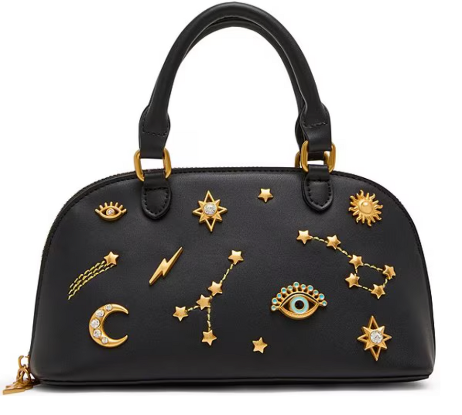 Celestial Mini Dome Denim Studded Novelty Satchel Bag front view in black - Robin Boutique