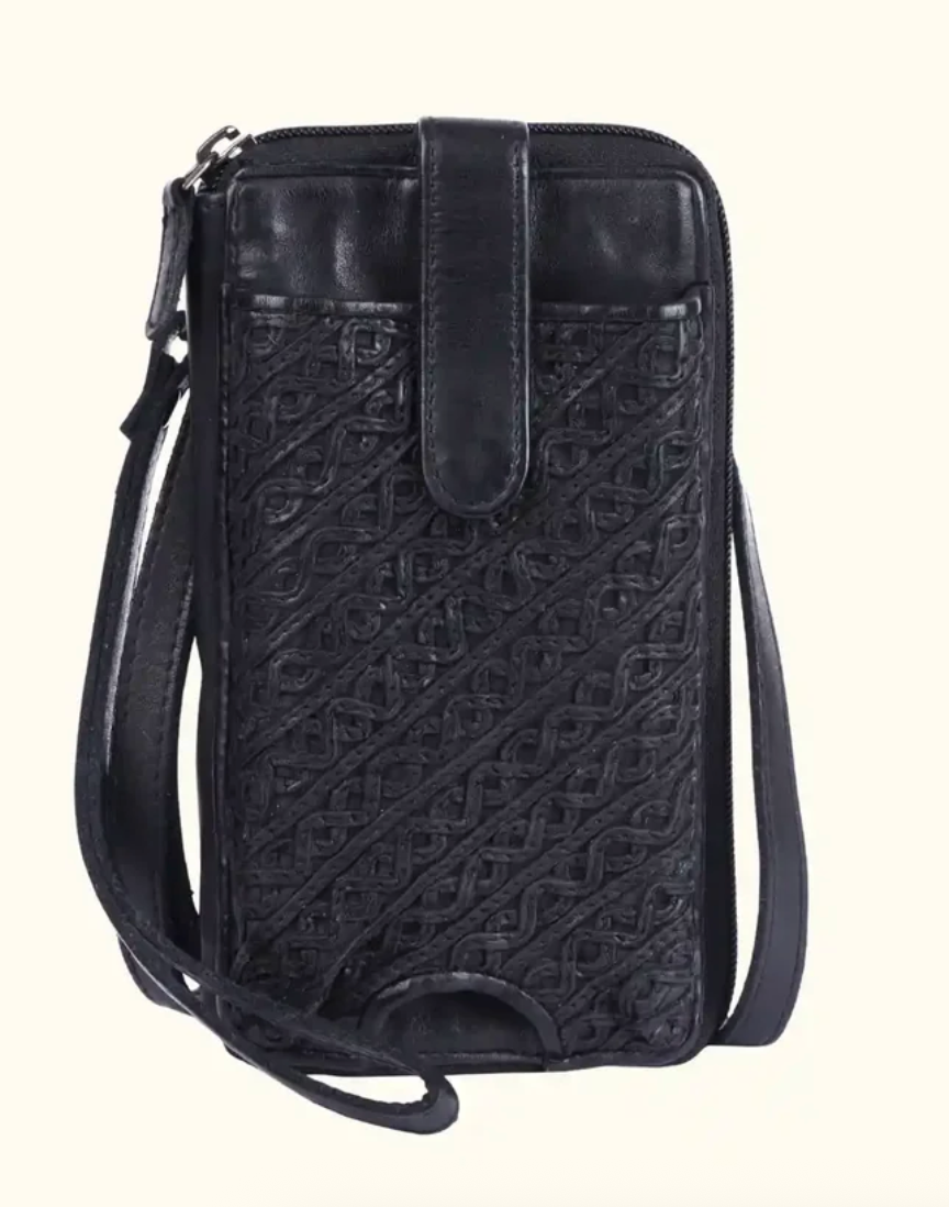 Bella Washed Leather Phone Bag - Compact Crossbody Black Color - Robin Boutique