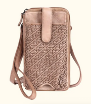 Bella Washed Leather Phone Bag - Compact Crossbody Taupe Color front- Robin Boutique