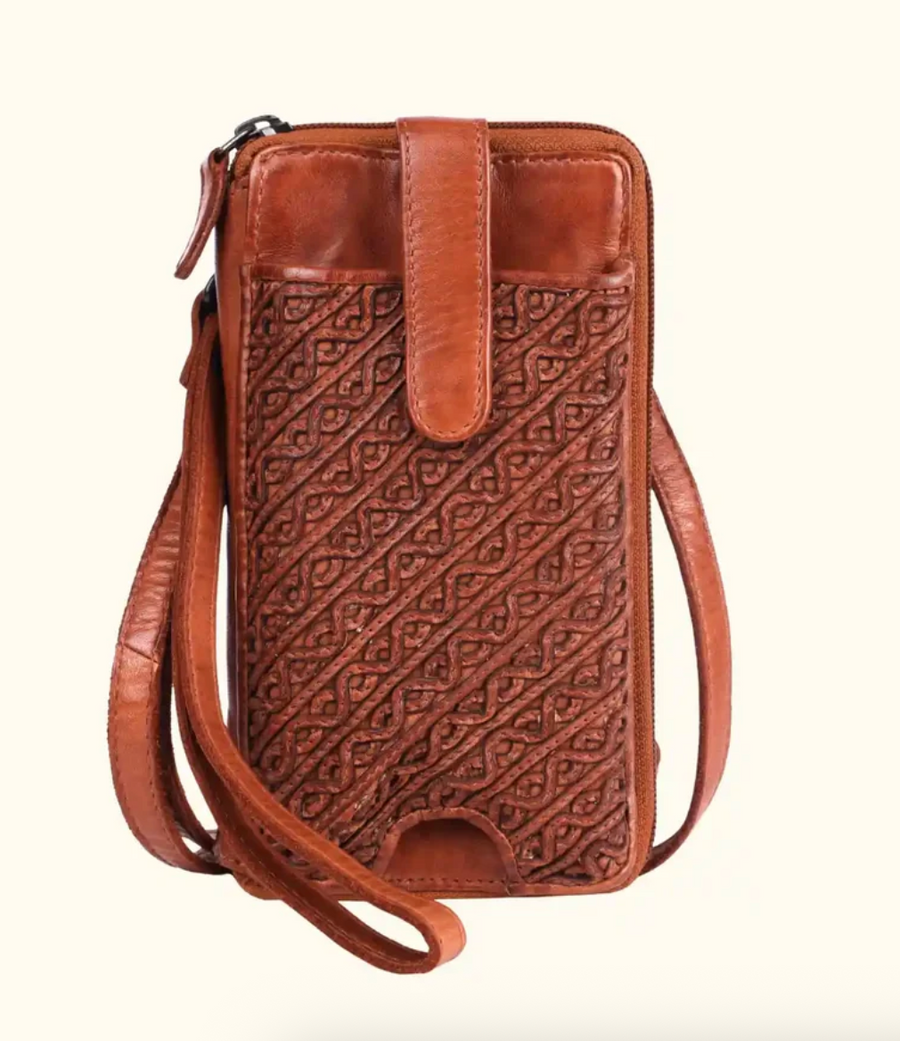 Bella Washed Leather Phone Bag - Compact Crossbody Cognac Color - Robin Boutique
