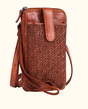Bella Washed Leather Phone Bag - Compact Crossbody Cognac Color front- Robin Boutique