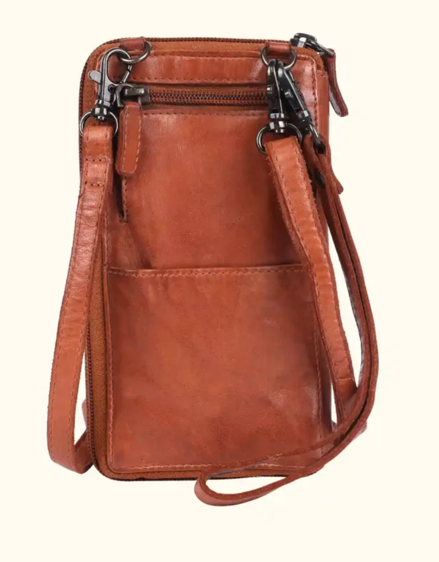 Bella Washed Leather Phone Bag - Compact Crossbody Cognac Color back- Robin Boutique