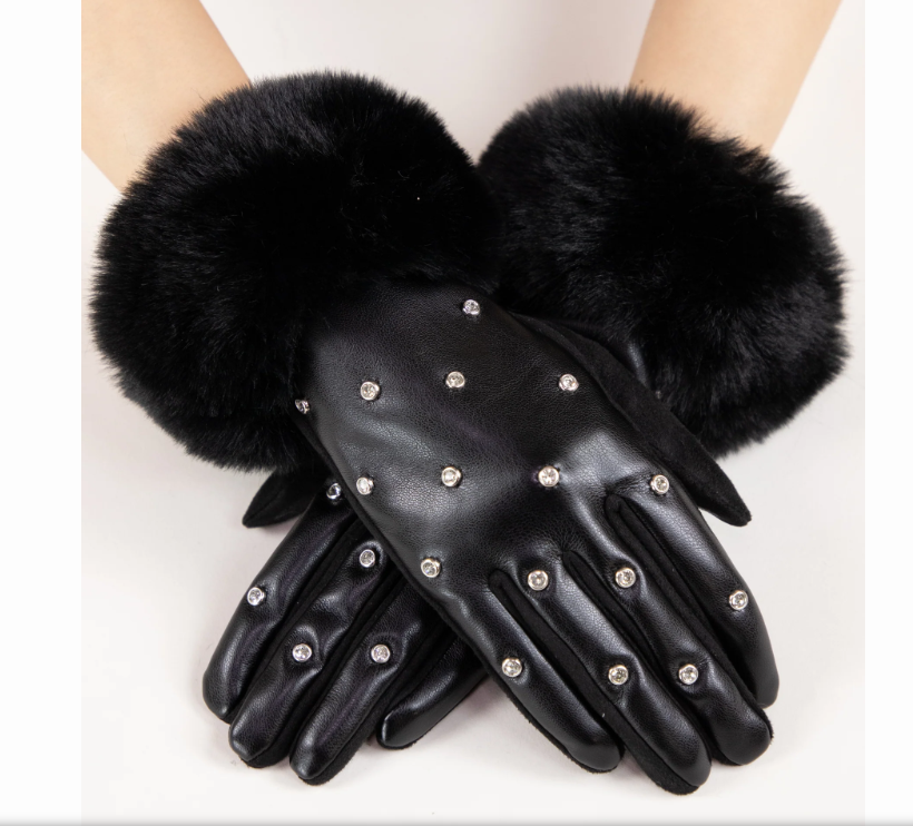 Faux Fur Cuff Rhinestone Gloves - Robin Boutique