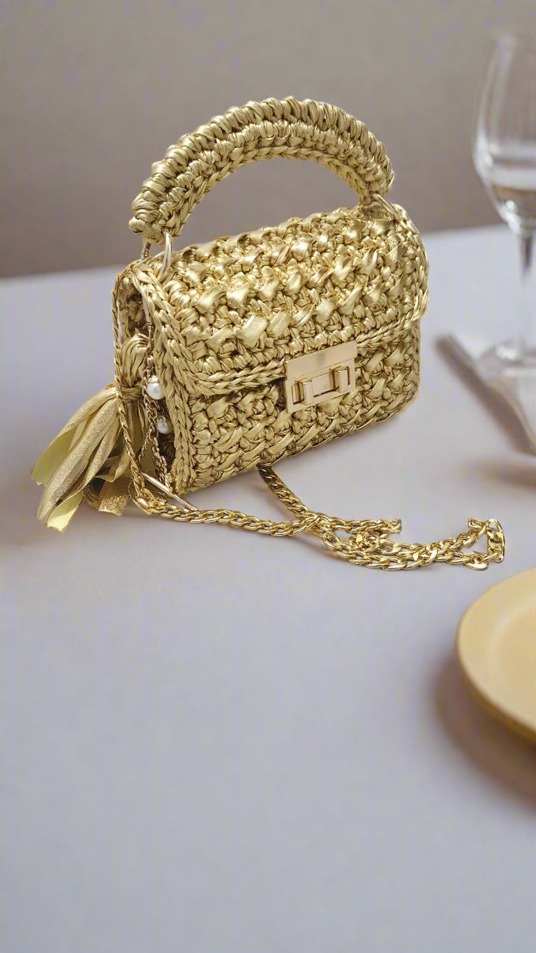 CHQEL Gold Metal Clutch Bag Women Handmade Crochet Purse Robin Boutique