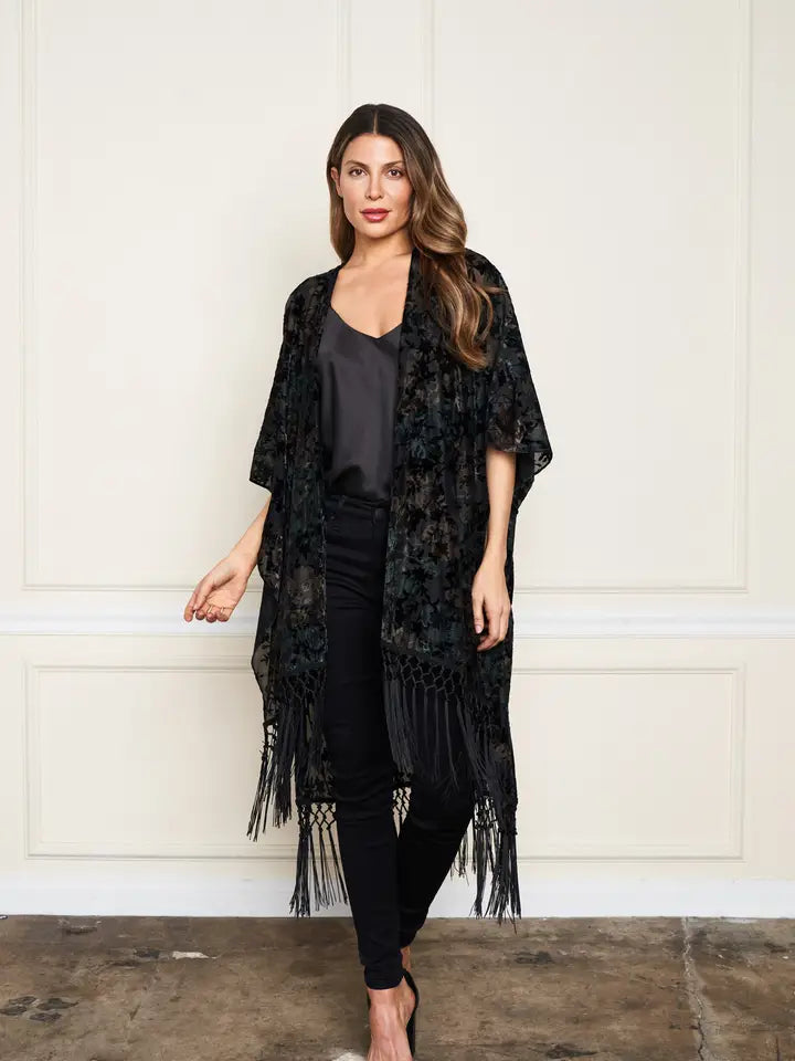 Burnout Velvet Fringe Kimono by Paparazzi