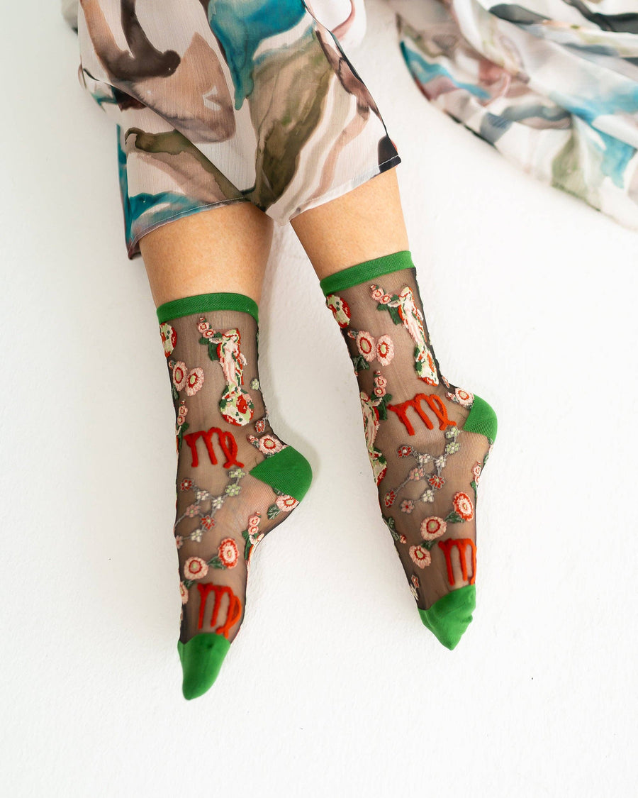 Virgo Zodiac Black Sheer Crew Sock
