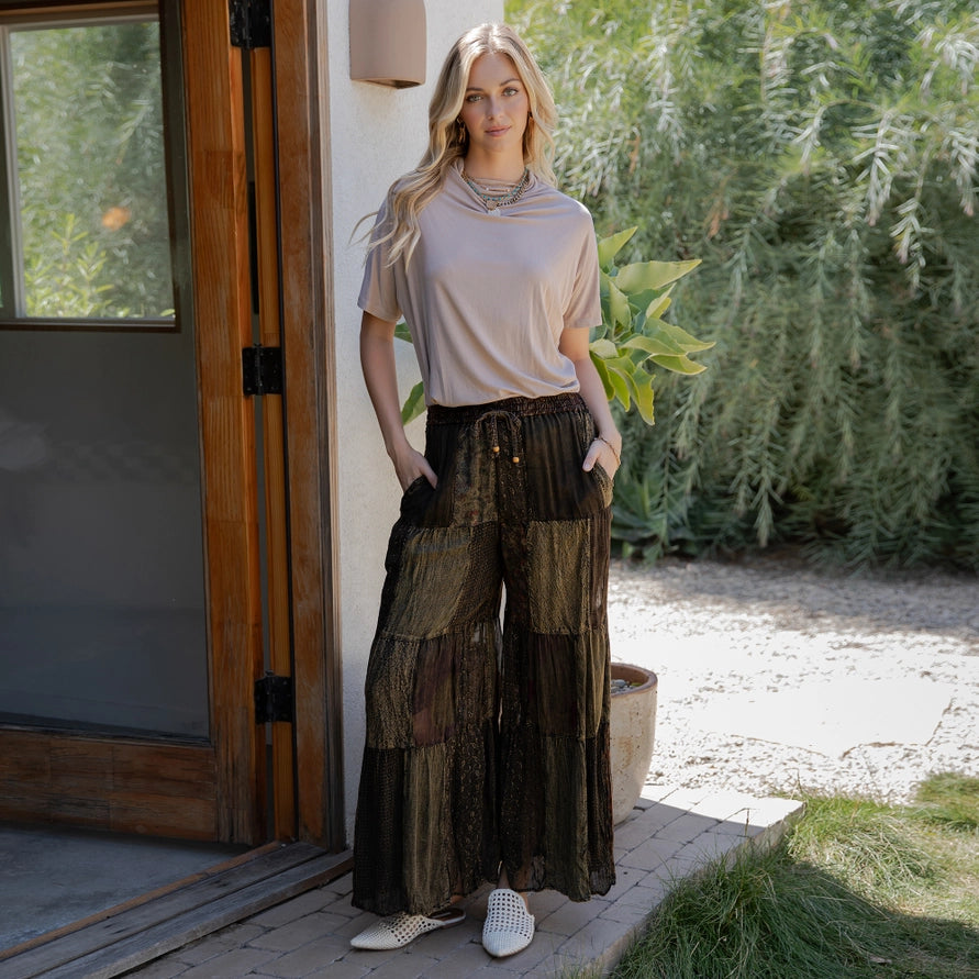 Retro Revival Flared Patchwork Pants by Young Threads