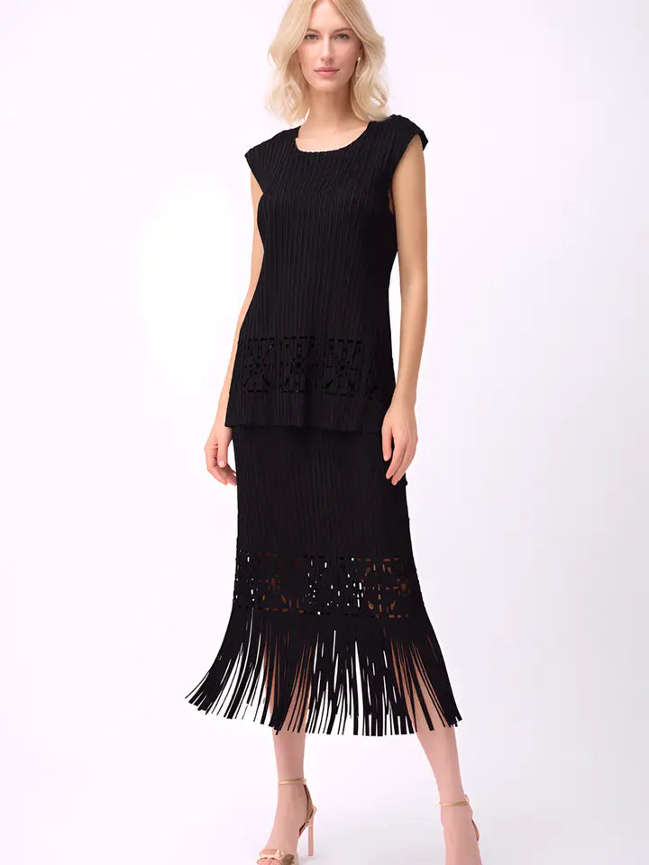 Pleated Cutout Skirt with Fringe by EllyNDale Robin Boutique
