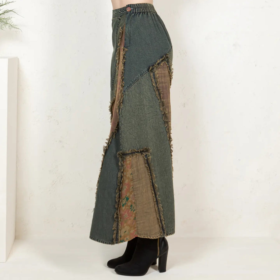 Western Boho Patch Denim Skirt by Young Threads
