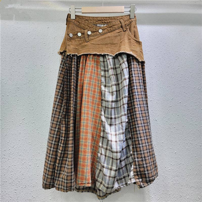 Spliced Plaid Denim High Waist A-Line Midi Skirt Robin Boutique