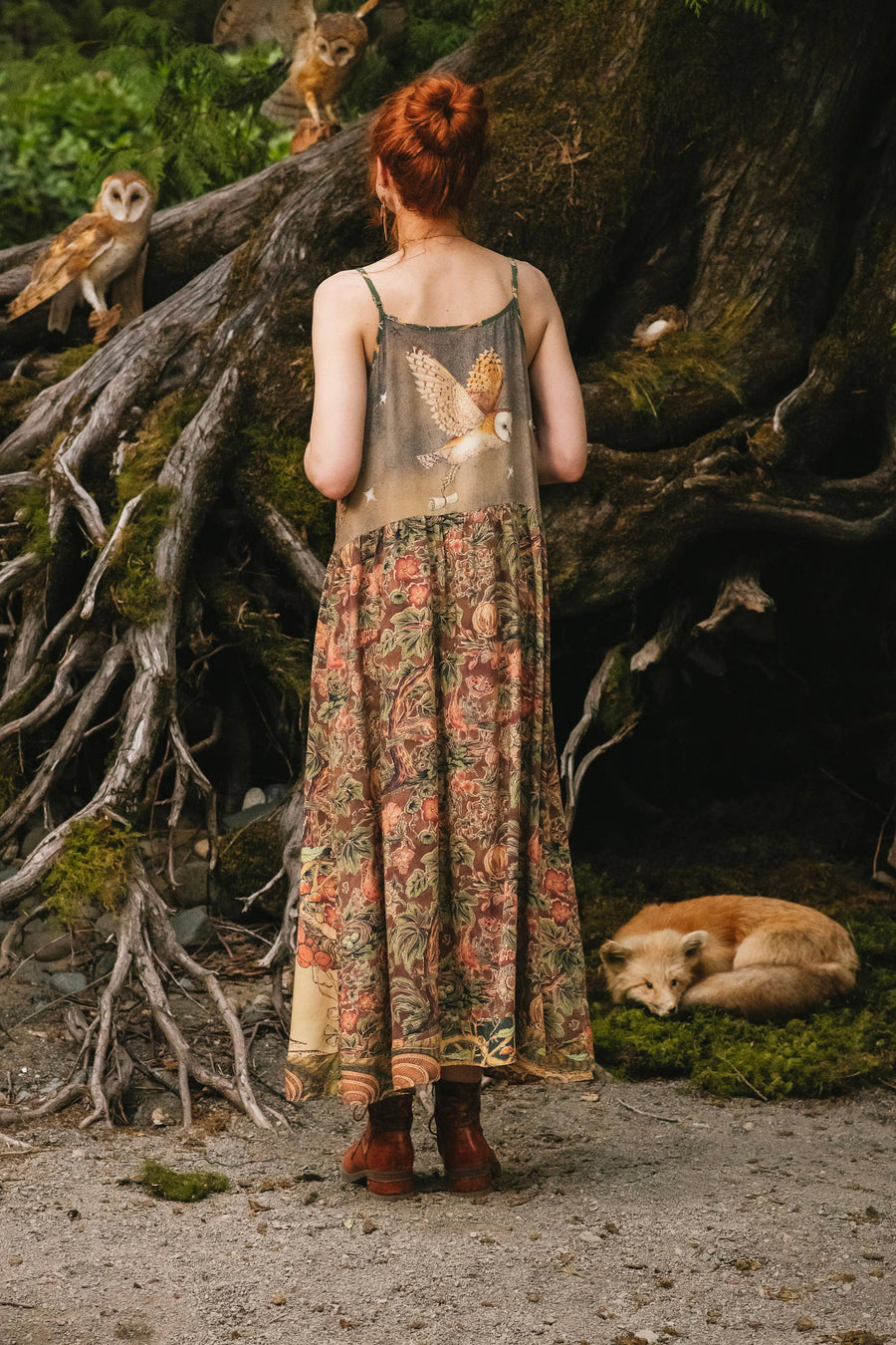 Woodland Wisdom Bohéme Maxi Slip Dress w/ Florals, Fox & Owl