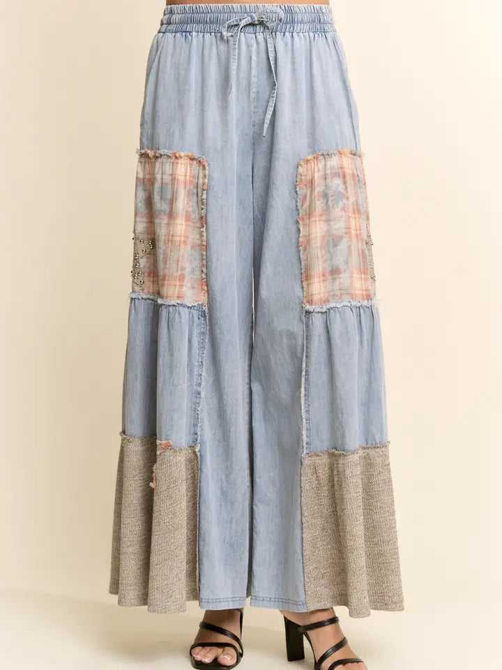 Printed Lace Denim Palazzo Pants by Davi & Dani