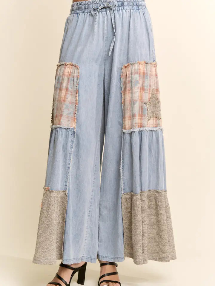 Printed Lace Denim Palazzo Pants by Davi & Dani